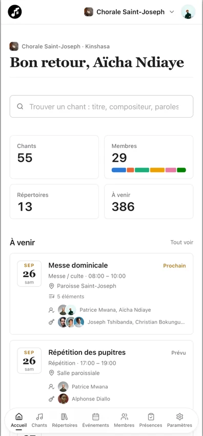 L'application, telle qu'une chorale la voit